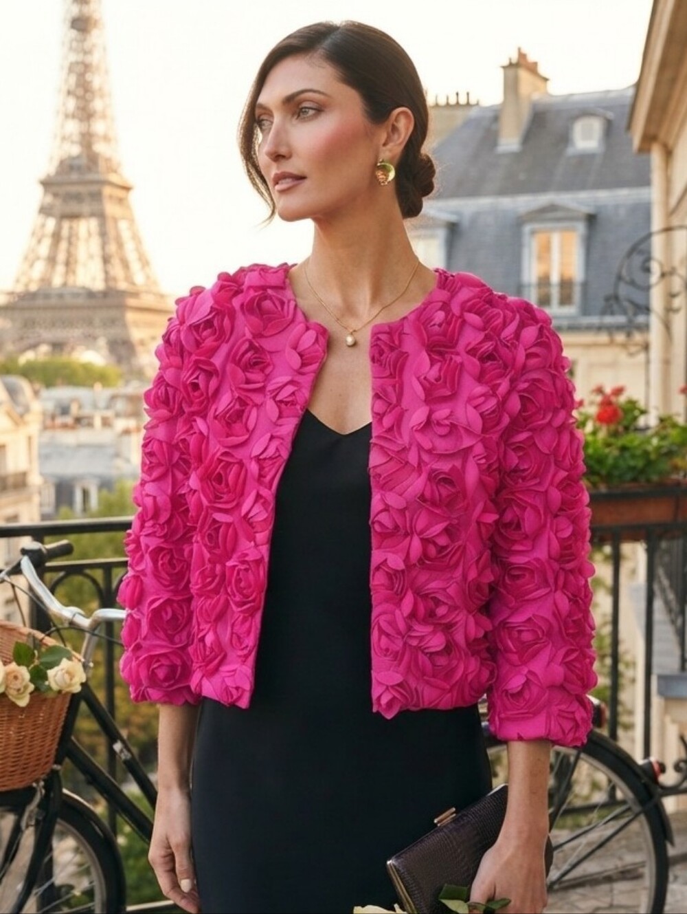 NWOT Frank Lyman Montreal Hot Pink 3D Rose Applique Open Front Cropped Jacket